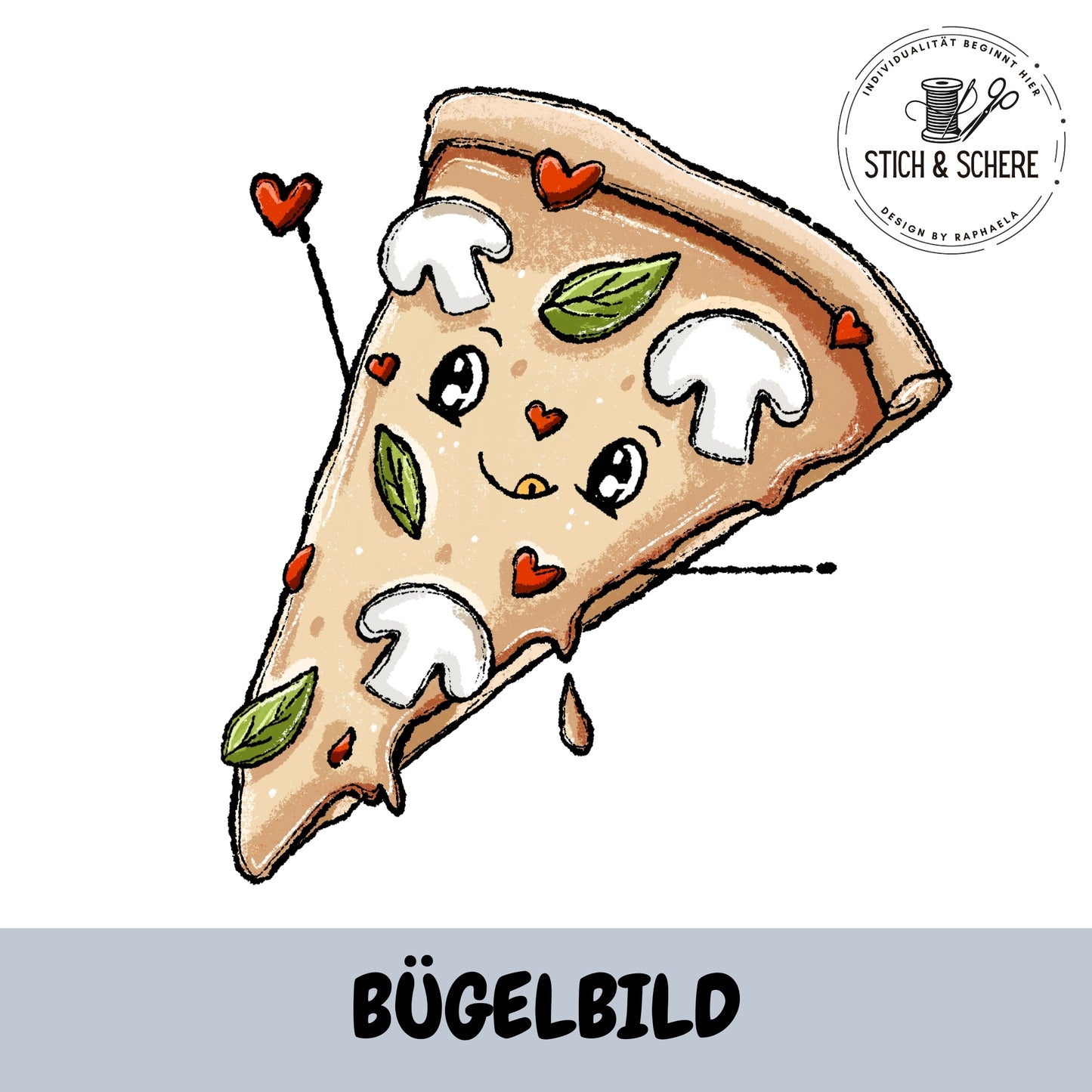 Bügelbild Pizzalein Herz 10 oder 15 cm von Katzengold-Designs – süßes Pizzastück mit Pilzen und Herzchen