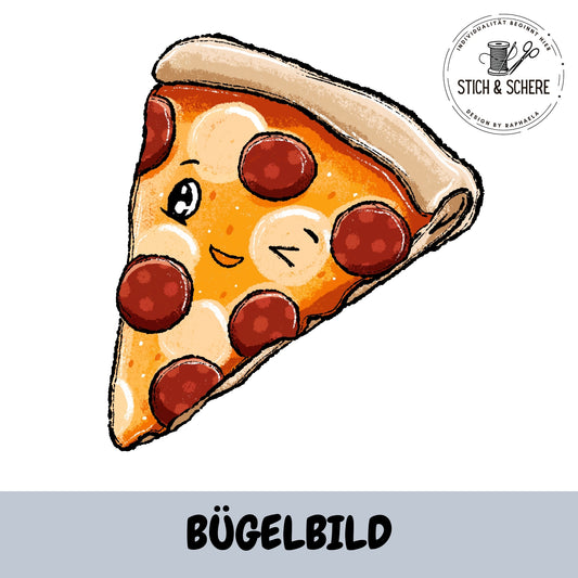 Bügelbild Pizzalein Salami 10 oder 15 cm von Katzengold-Designs – verspieltes Pizzastück mit Salami und zwinkerndem Gesicht