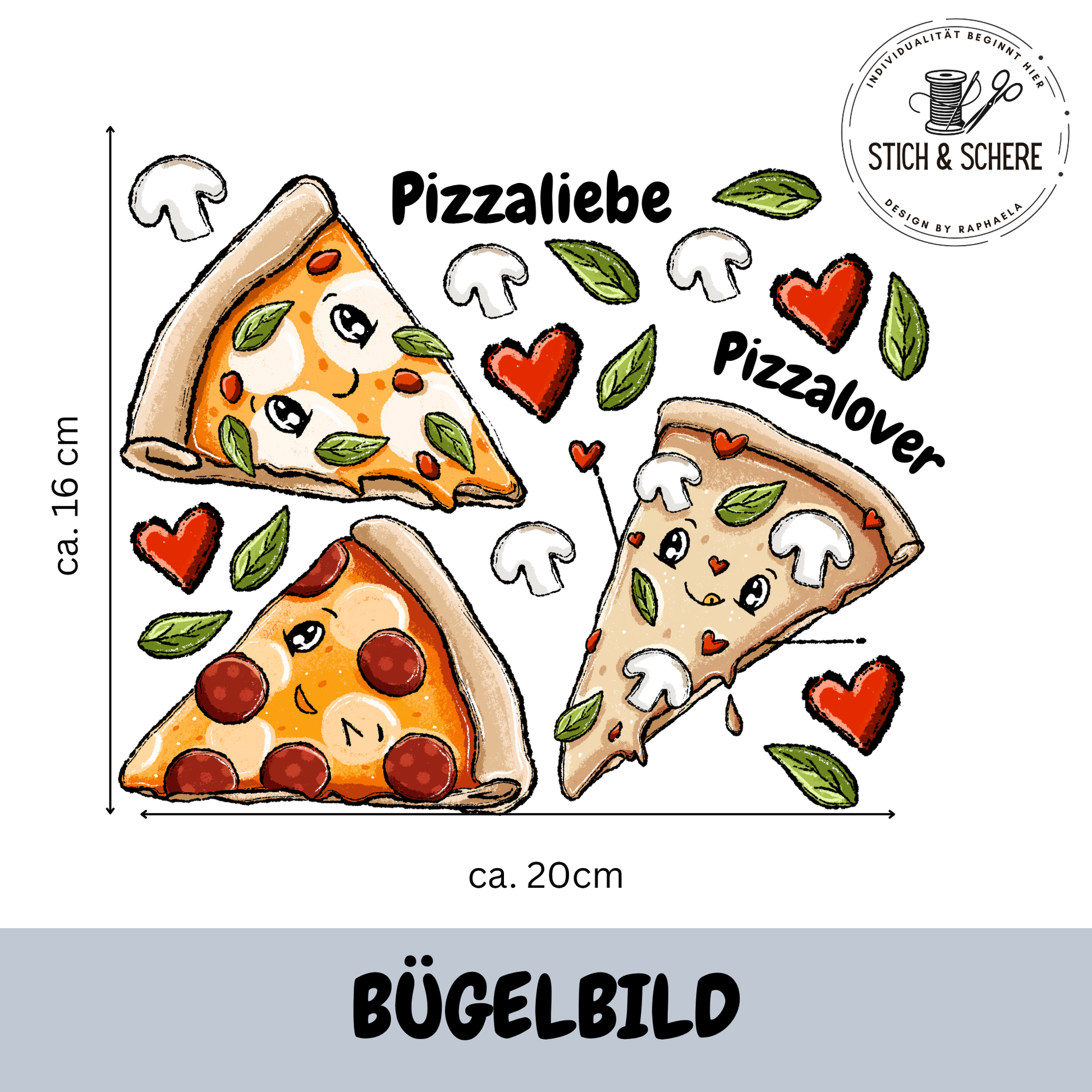 Bügelbild Pizzalein Set mit drei niedlichen Pizzastücken, Herzen, Champignons, Basilikum sowie Pizzaliebe und Pizzalover Schriftzügen – ca. 20 x 16 cm