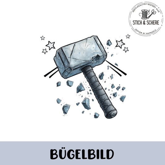 Bügelbild für kleine Helden – mächtiger Hammer als stylisches DIY-Motiv.