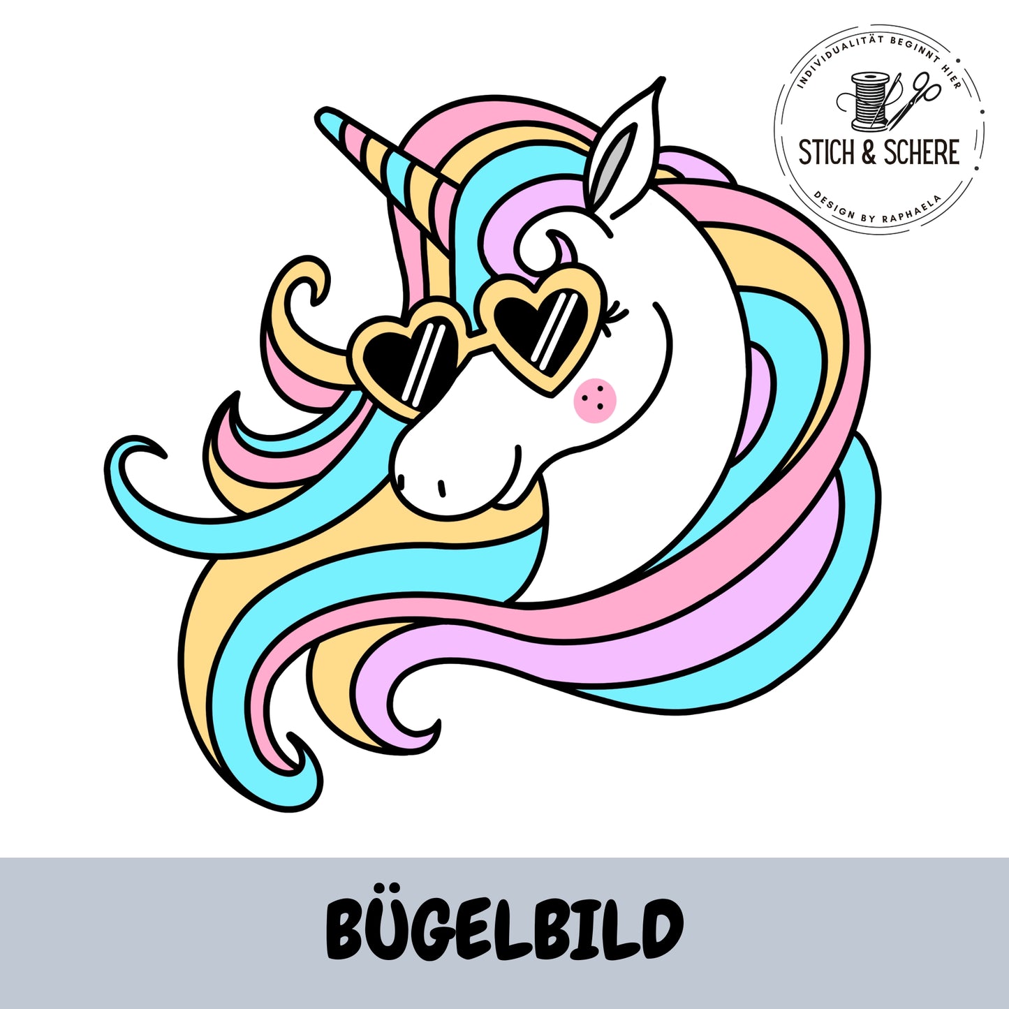 Rainbow Unicorn Bügelbild in Pastellfarben mit Herz-Sonnenbrille – niedliches Einhorn für kreative Nähprojekte