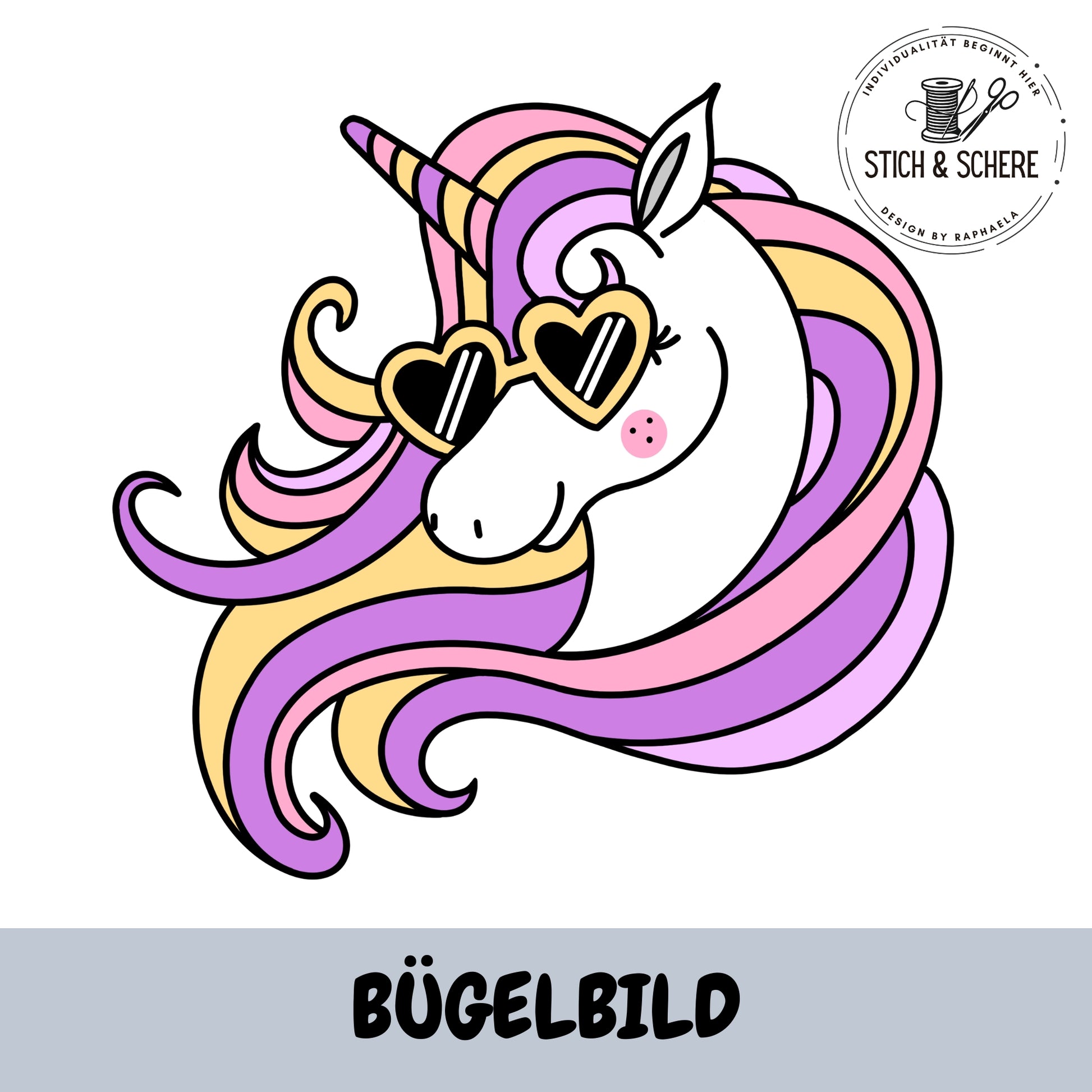 Rainbow Unicorn Bügelbild in Lila, Rosa und Gelb mit Herz-Sonnenbrille – verspieltes Einhornmotiv von Katzengold-Designs für Kinderkleidung