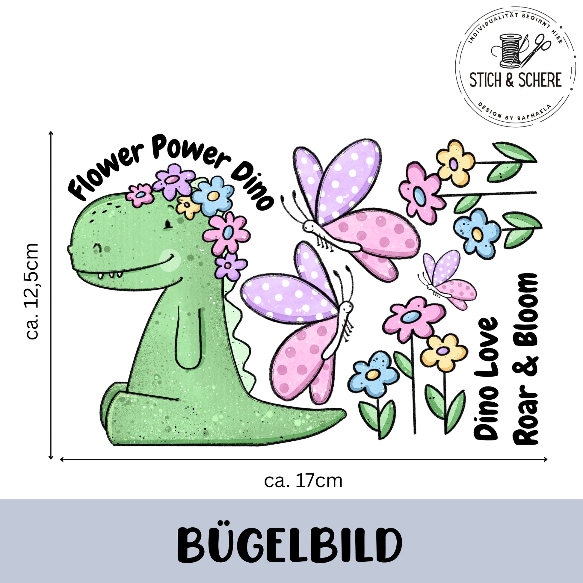 Buntes Bügelbild-Set mit grünem Dino „Rexeline“ samt Blumenkranz, zwei rosa-lila Schmetterlingen, mehreren Blumen und den Schriftzügen „Flower Power Dino“, „Dino Love“ und „Roar & Bloom“ auf einem ca. 17 × 12,5 cm-Bogen.