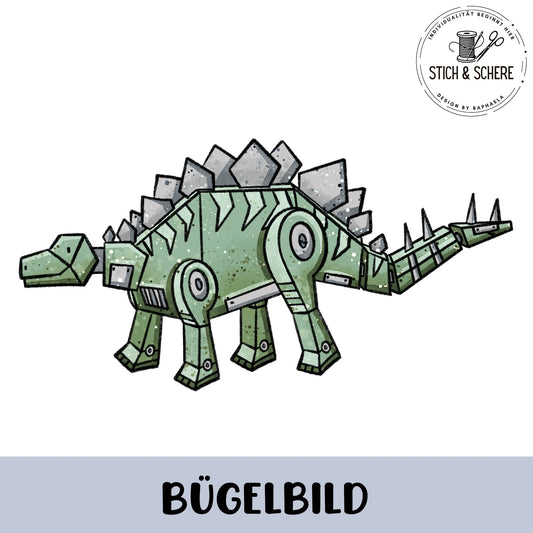 „Freigestelltes Bügelbild: grüner, mechanischer Stegosaurus mit metallischen Rückenplatten, Nieten und runden Gelenken; technischer, kindlicher Illustrationsstil.“