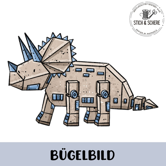 „Freigestelltes Bügelbild: sandbrauner, mechanischer Triceratops mit polygonalem Nackenschild, drei Hörnern und blauen Metall-Details; technischer, kindlicher Illustrationsstil.“