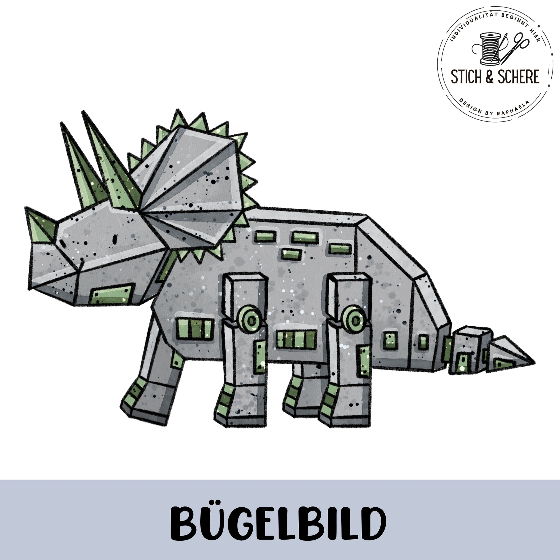 „Freigestelltes Bügelbild: grauer, mechanischer Triceratops mit drei Hörnern, kantigem Nackenschild, grünen Akzenten und runden Gelenken; technischer Illustrationsstil.“