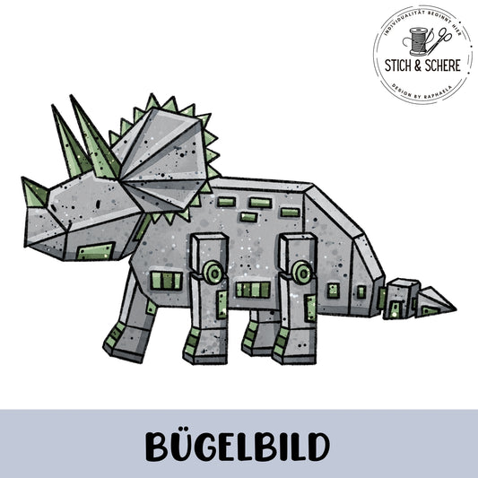 „Freigestelltes Bügelbild: grauer, mechanischer Triceratops mit drei Hörnern, kantigem Nackenschild, grünen Akzenten und runden Gelenken; technischer Illustrationsstil.“