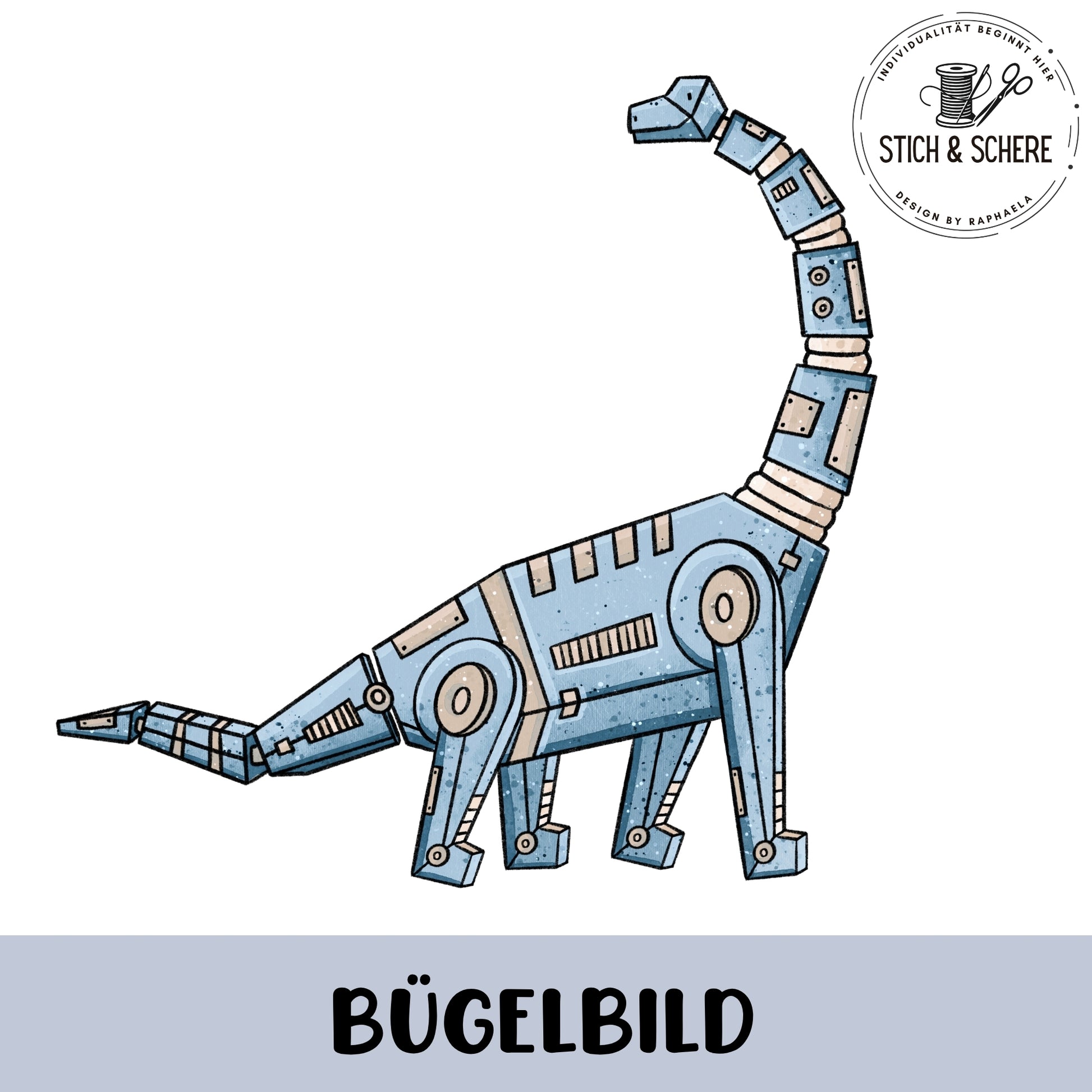 „Freigestelltes Bügelbild: blauer, mechanischer Langhals-Dinosaurier mit segmentiertem Hals, runden Gelenken und Metallplatten; technischer Illustrationsstil.“