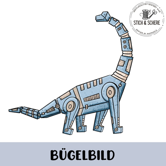 „Freigestelltes Bügelbild: blauer, mechanischer Langhals-Dinosaurier mit segmentiertem Hals, runden Gelenken und Metallplatten; technischer Illustrationsstil.“