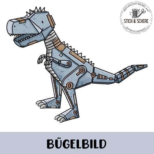 „Freigestelltes Bügelbild: blaugrauer, mechanischer T-Rex mit Metallplatten, Nieten und Gelenken, seitliche Ansicht mit geöffnetem Maul.“