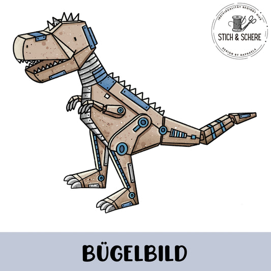 „Freigestelltes Bügelbild: mechanischer T-Rex in Beige-Grau mit blauen Details, Nieten und segmentiertem Hals und Schwanz; seitliche Ansicht mit geöffnetem Maul.“