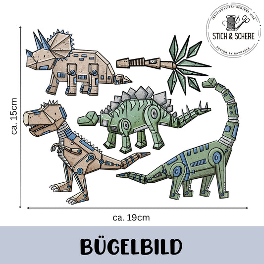 „Bügelbild-Set ‚Robodinos‘ (ca. 19×15 cm): vier mechanische Dinosaurier – sandfarbener T-Rex, Triceratops, grüner Stegosaurus und grüner Langhals – im technischen Cartoon-Stil.“