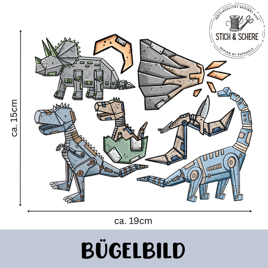 „Bügelbild-Set ‚Robodinos 2‘ (ca. 19×15 cm): fünf mechanische Dinosaurier – blaugrauer T-Rex, grauer Triceratops, grüner Langhals, braun-blauer Flugsaurier, schlüpfendes Robo-Dino-Baby – plus grauer Meteorit; technischer Cartoon-Stil.“