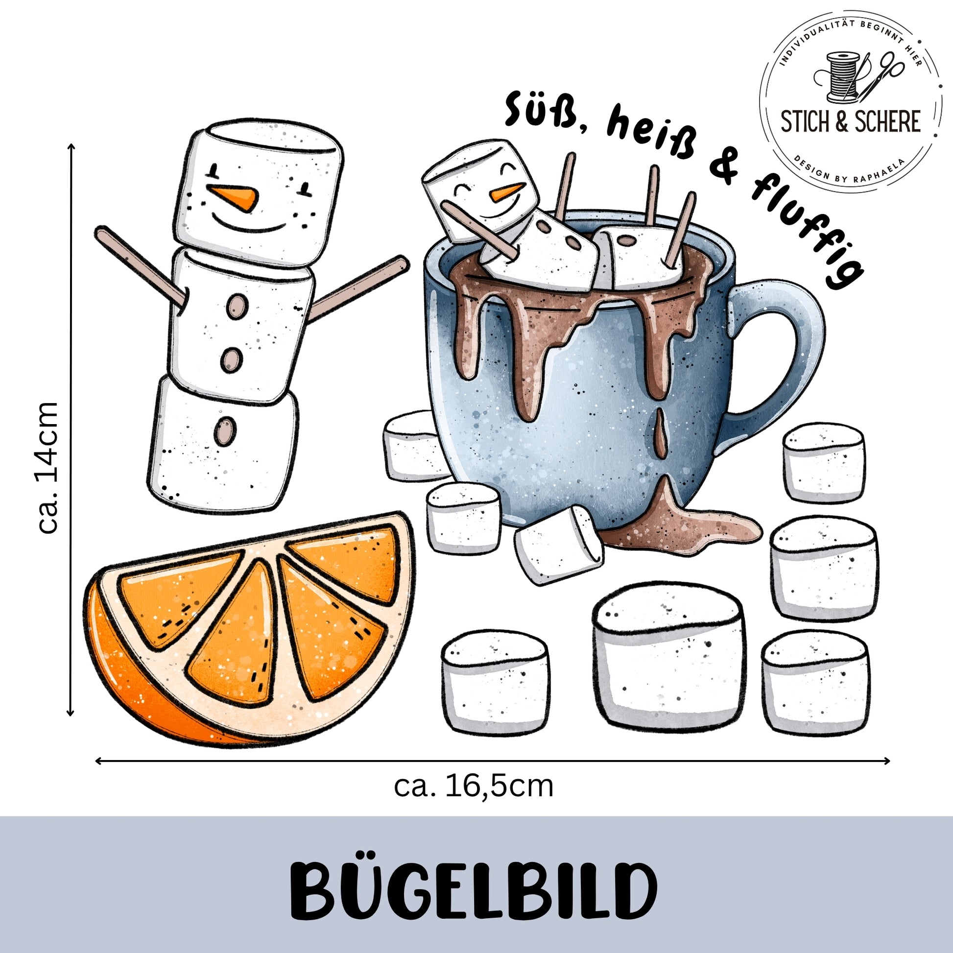 Bogen mit Wintermotiven: blaugraue Tasse voller heißer Schokolade, darauf liegende Marshmallows; links daneben steht ein lächelnder Marshmallow-Schneemann, unten eine Orangenscheibe und mehrere einzelne Marshmallows; Schriftzug „Süß, heiß & fluffig“.