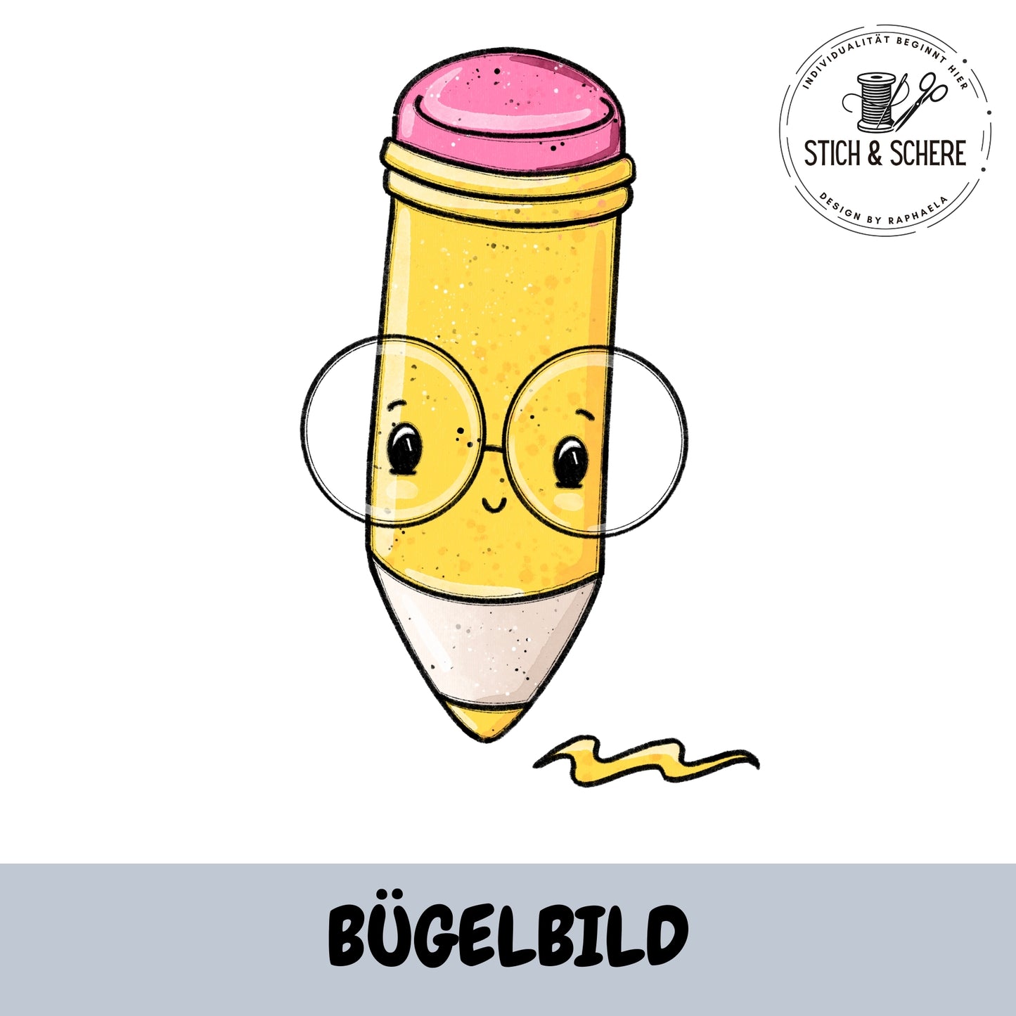 Gelber Bleistift mit Brille – Bügelbild Schreibzeug Katzengold-Designs