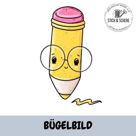 Gelber Bleistift mit Brille – Bügelbild Schreibzeug Katzengold-Designs