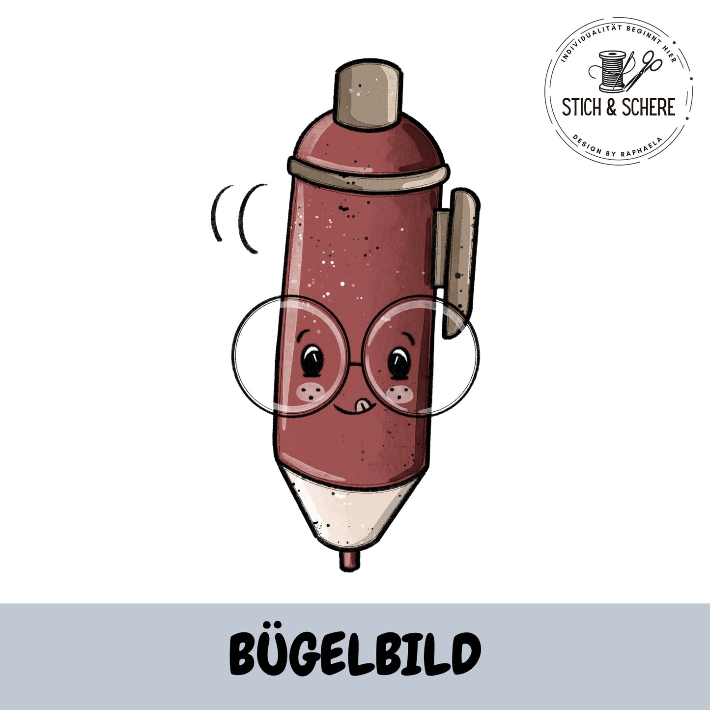 Roter Marker mit Brille – Bügelbild Schreibzeug Katzengold-Designs