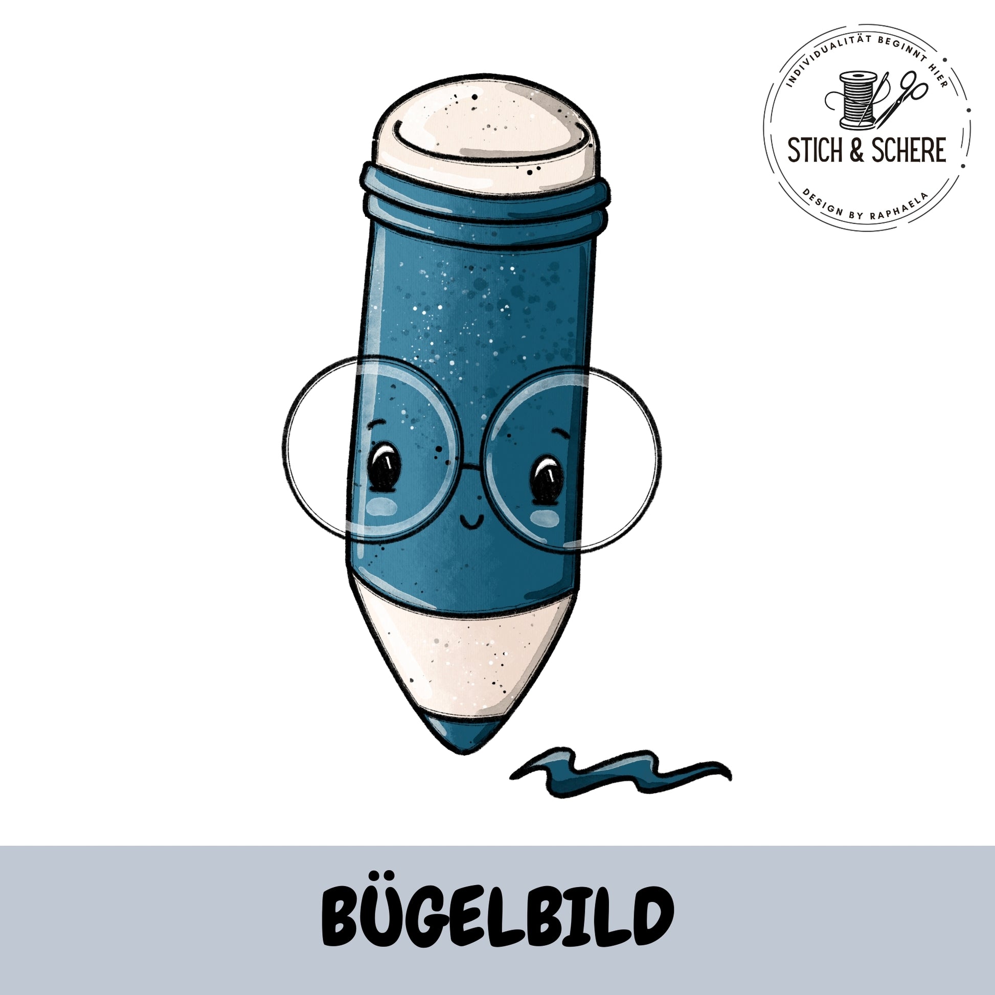 Blauer Stift mit Brille – Bügelbild Schreibzeug Katzengold-Designs