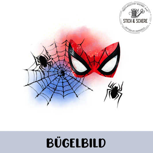 Spidermask-Bügelbild – Spinnen-Motiv mit roter Maske und Netz auf weißem Sweater.