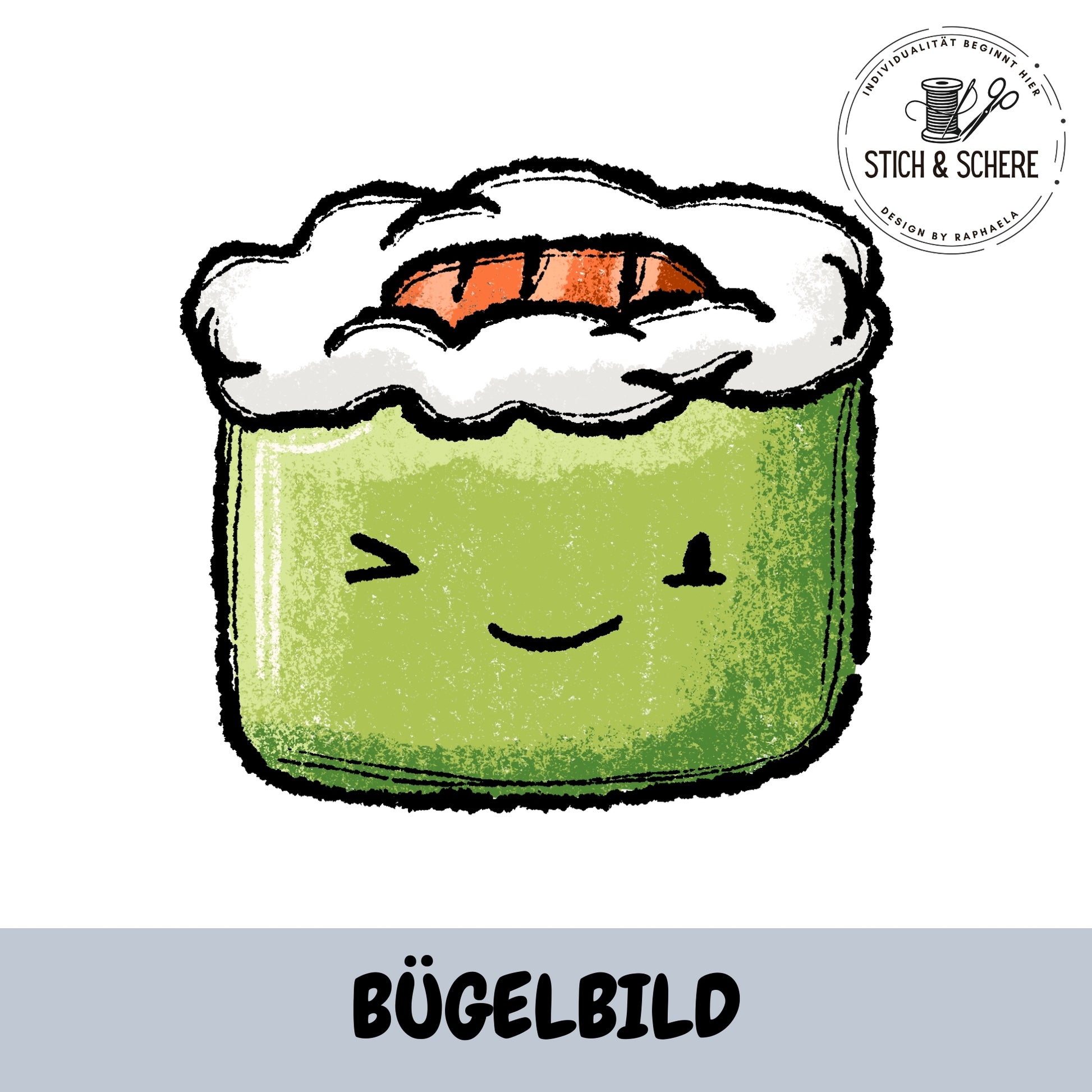 Grünes Maki Sushi Bügelbild „Sushilein“ von Katzengold-Designs mit Reis und Lachsfüllung