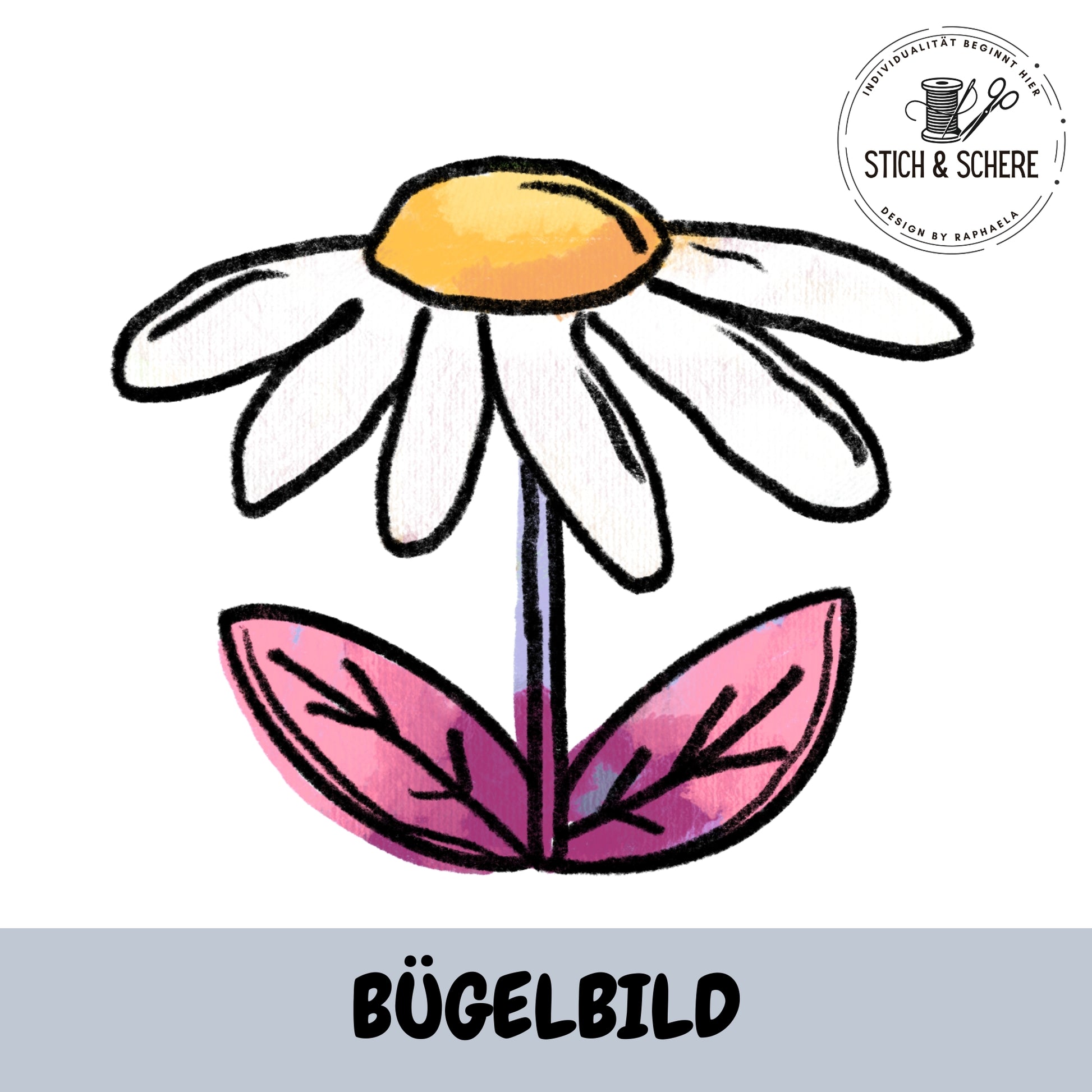 Summer Parts Bügelbild Blume mit weißen Blütenblättern und bunten Blättern im verspielten Aquarell Stil