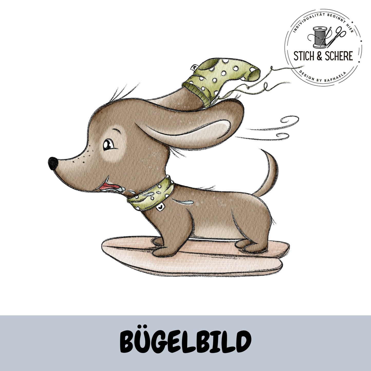 Bügelbild „Surfender Dackel“ mit Surfbrett, gepunkteter Mütze und Halstuch im handgemalten Aquarellstil als hochwertiger DTF-Transfer für Kinderkleidung