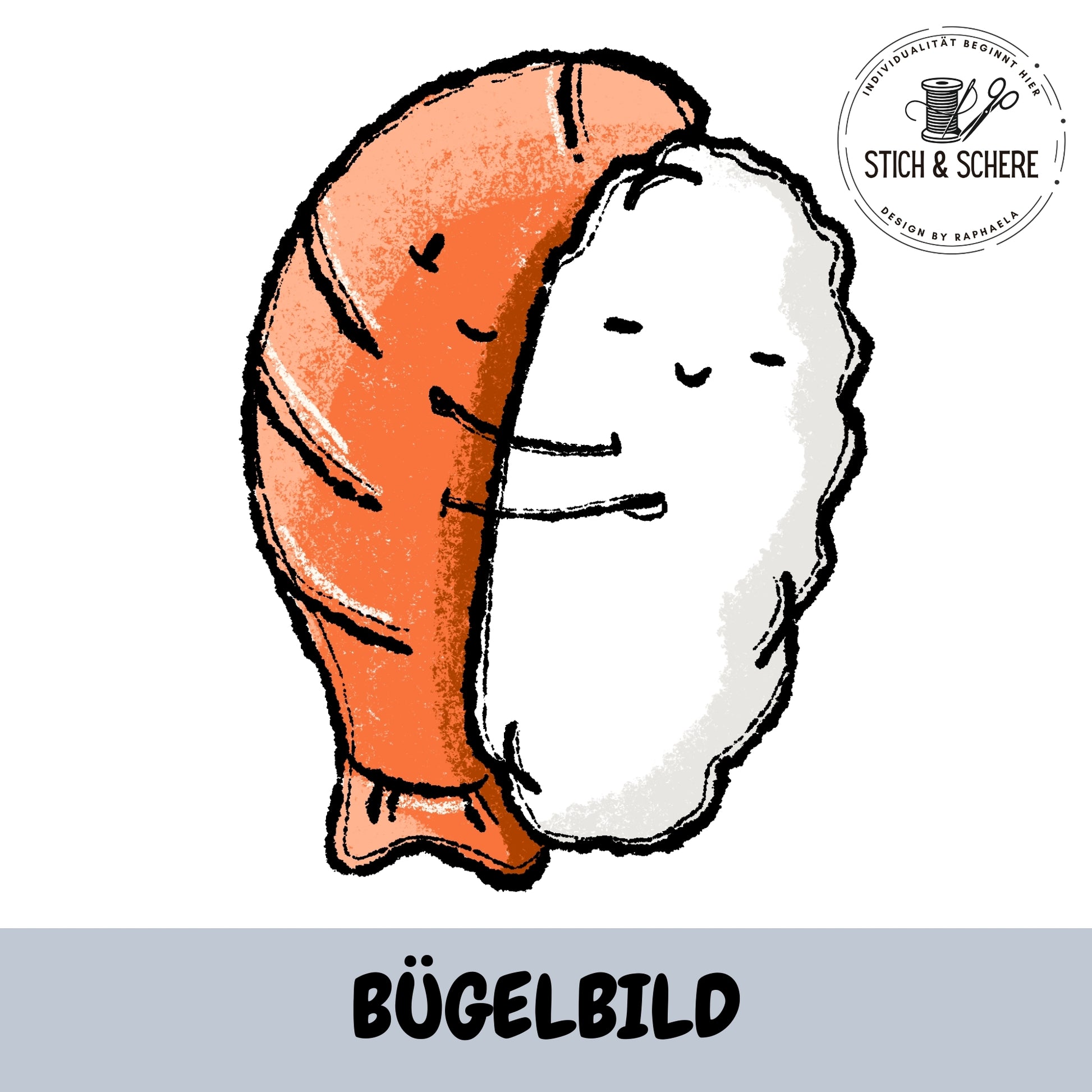 Süßes Nigiri Sushi Bügelbild „Sushilein“ von Katzengold-Designs mit Reis und Lachs, liebevoll umarmend