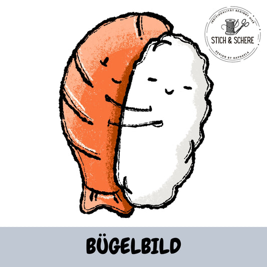 Süßes Nigiri Sushi Bügelbild „Sushilein“ von Katzengold-Designs mit Reis und Lachs, liebevoll umarmend