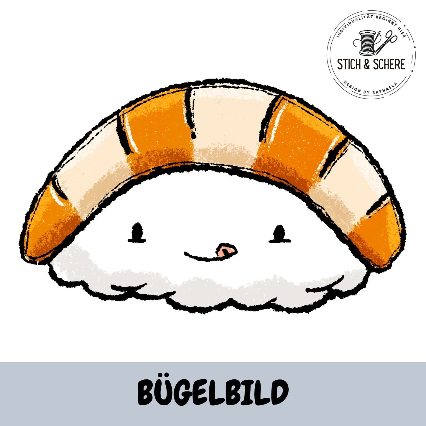 Flaches Nigiri Sushi Bügelbild „Sushilein“ von Katzengold-Designs mit orange-weißer Optik