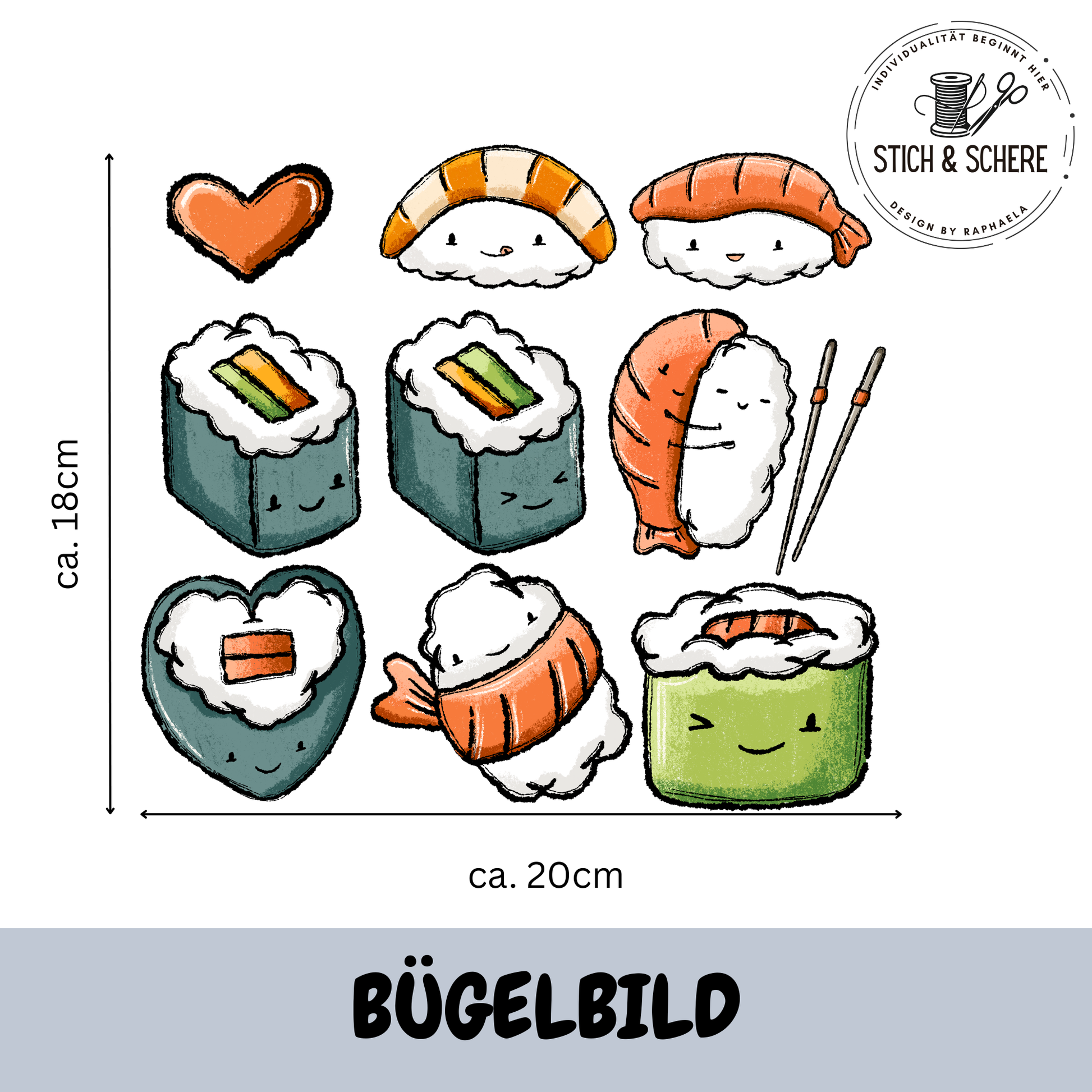 Bügelbild Sushilein Set mit niedlichen Sushi-Motiven, Maki, Nigiri, Herz und Essstäbchen – DTF Transferbogen ca. 20 x 18 cm