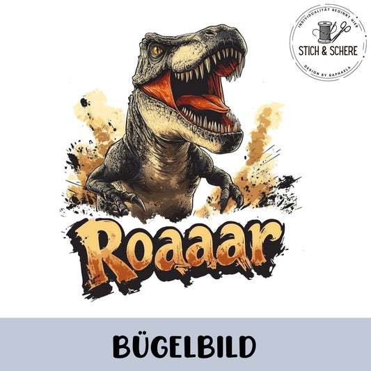Detailaufnahme des Dino-Bügelbilds mit „Roaaar“ – Ein Muss für kleine Dino-Fans.