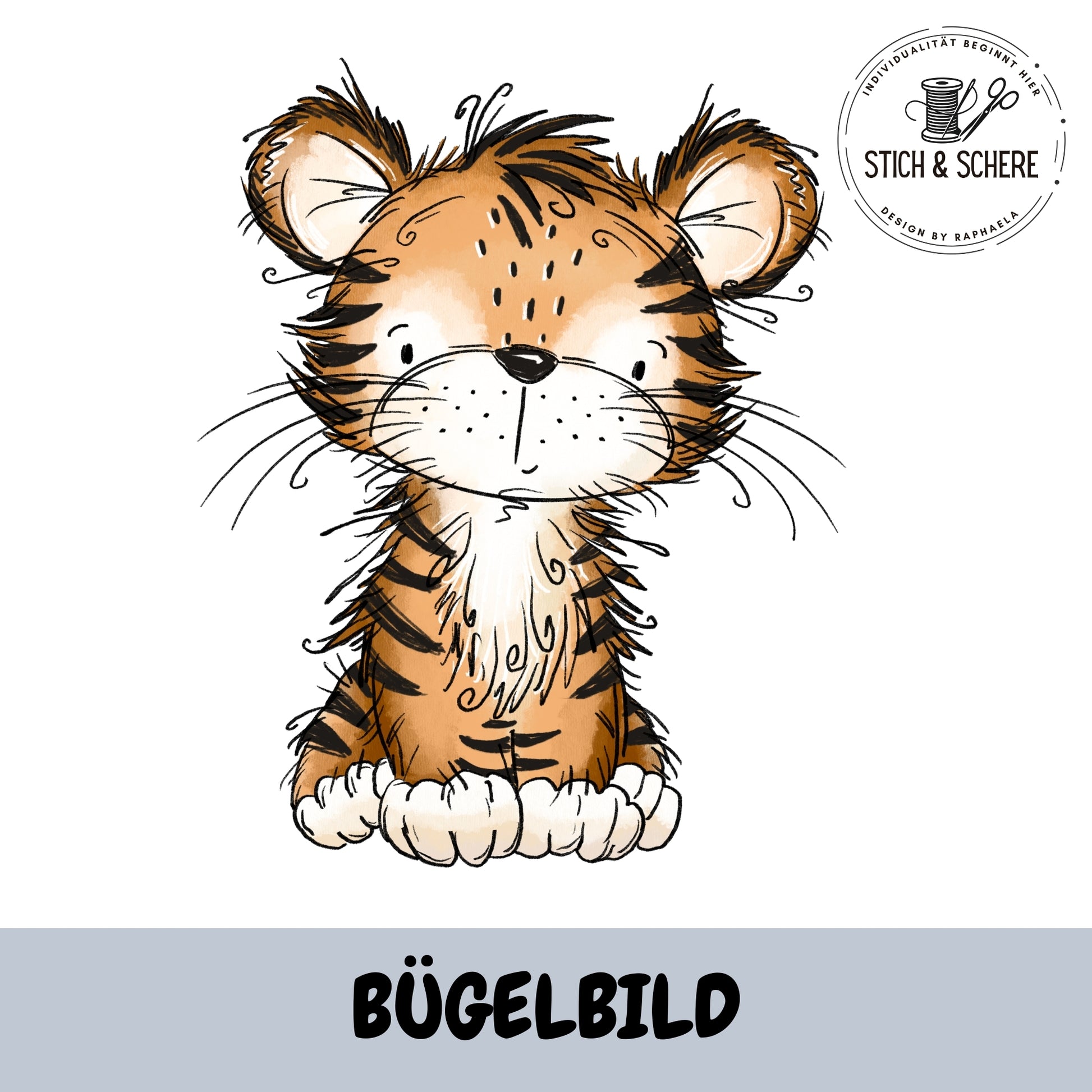Bügelbild Tigerfreund von Katzengold-Designs – sitzendes Tigerbaby mit liebevollem Blick