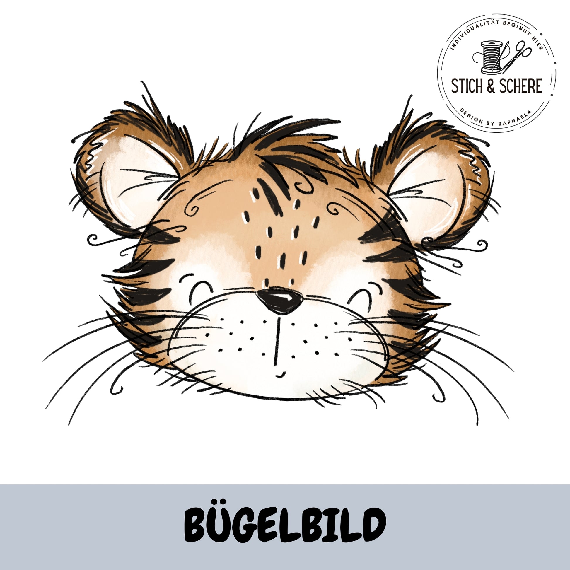 Bügelbild Tigerfreund von Katzengold-Designs – niedlicher Tigerkopf mit geschlossenen Augen