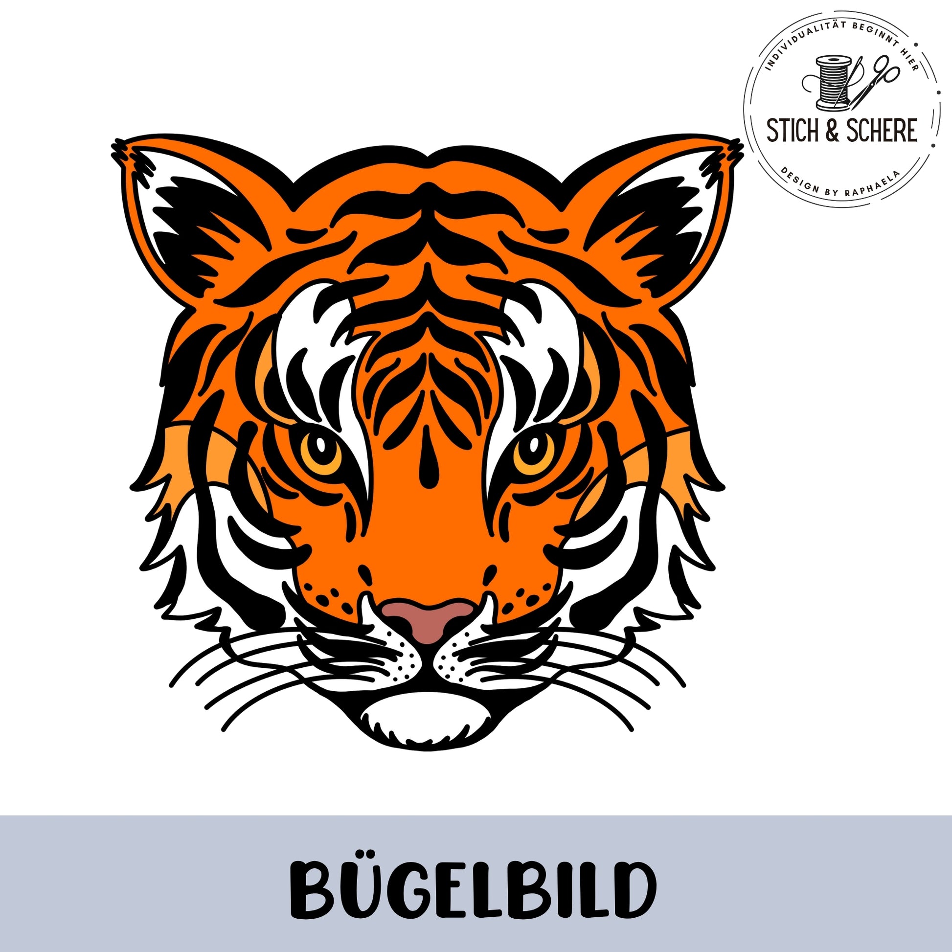 „Freigestelltes Bügelbild: frontal gezeichneter Tigerkopf in Orange, Schwarz und Weiß mit markanten Streifen; klarer, illustrativer Stil.“
