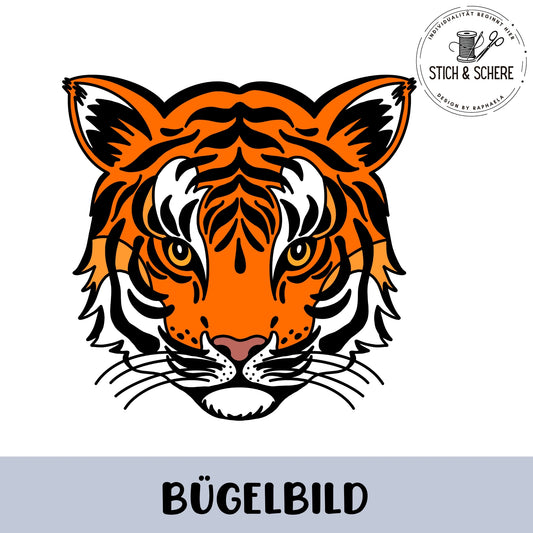 „Freigestelltes Bügelbild: frontal gezeichneter Tigerkopf in Orange, Schwarz und Weiß mit markanten Streifen; klarer, illustrativer Stil.“