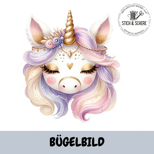 Unicorn Day Bügelbild Einhorn mit geschlossenen Augen und goldenen Details freigestellt