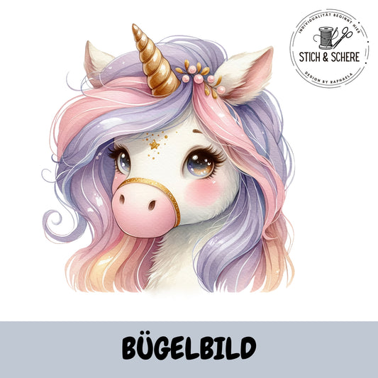 Unicorn Day Bügelbild Einhorn Motiv mit pastellfarbener Mähne freigestellt