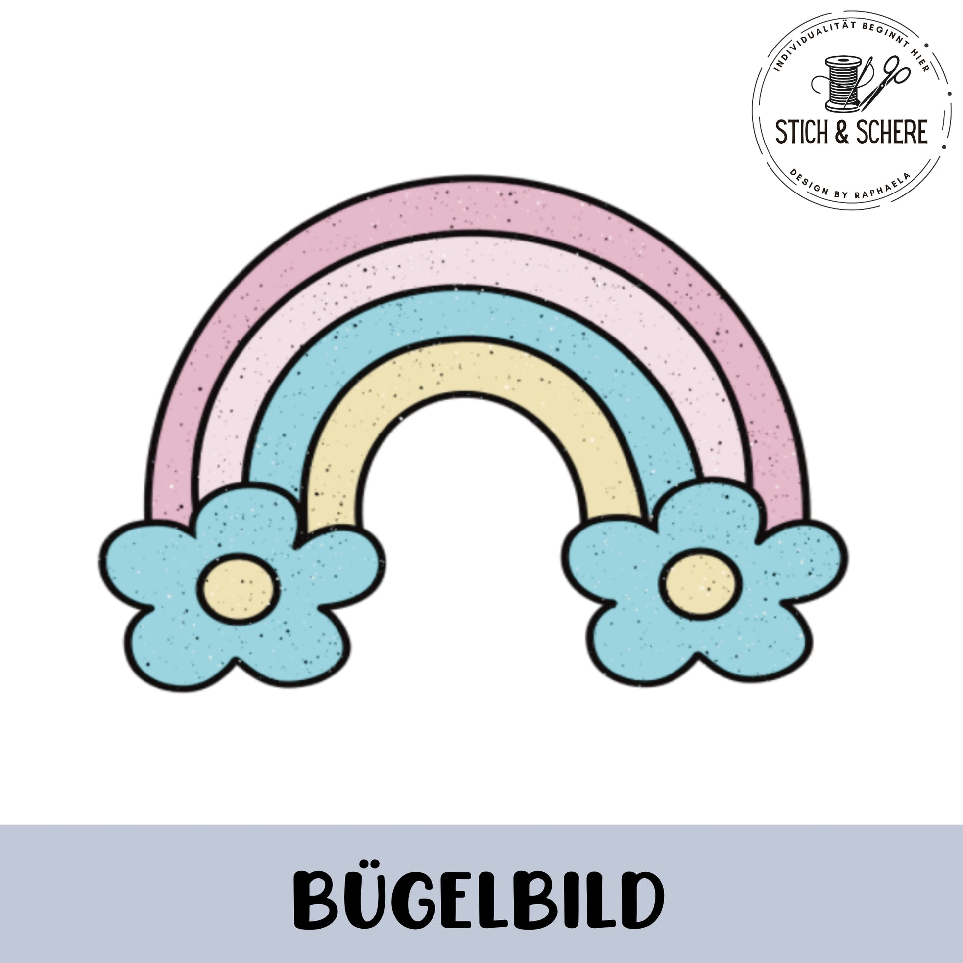 Bügelbild mit pastellfarbenem Regenbogen und zwei blauen Blumen-Elementen.