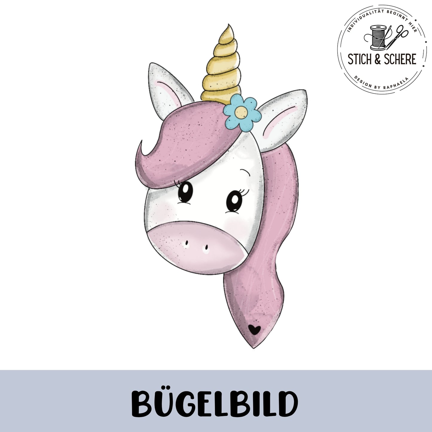 Bügelbild mit pastellfarbenem Einhornkopf mit goldenem Horn in 10 oder 15 cm.