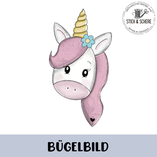 Bügelbild mit pastellfarbenem Einhornkopf mit goldenem Horn in 10 oder 15 cm.