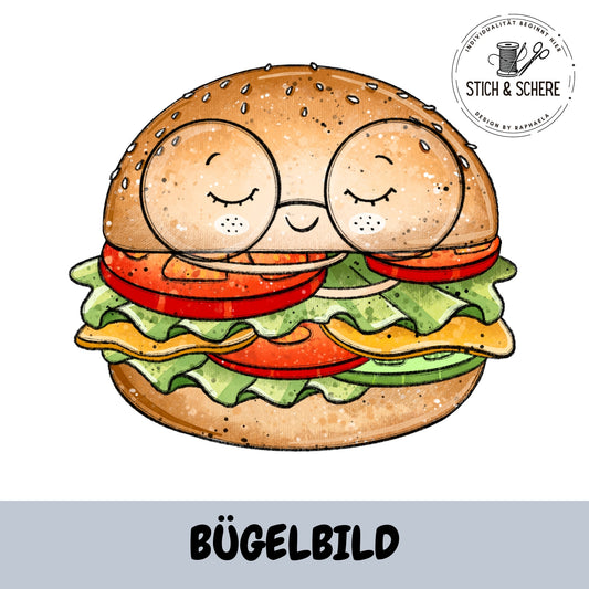 Veggie Burger mit geschlossenen Augen, Salat, Tomate und Käse – niedliches Bügelbild von Katzengold-Designs