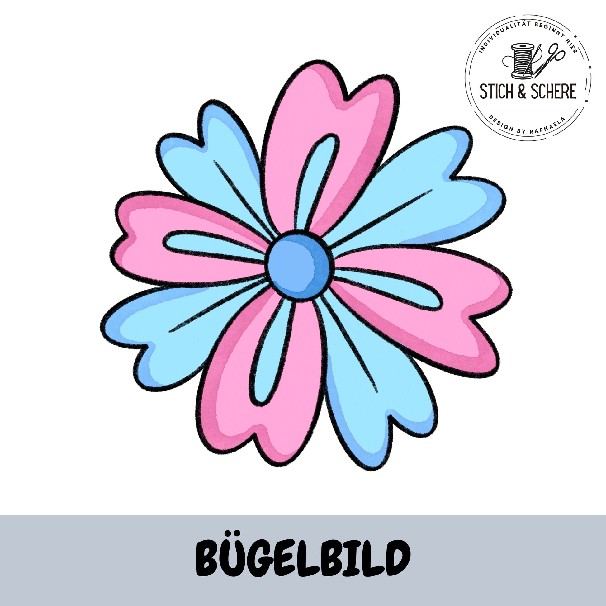 Buntes Blumen Bügelbild in Blau und Rosa mit weichen Blütenblättern und verspieltem Design