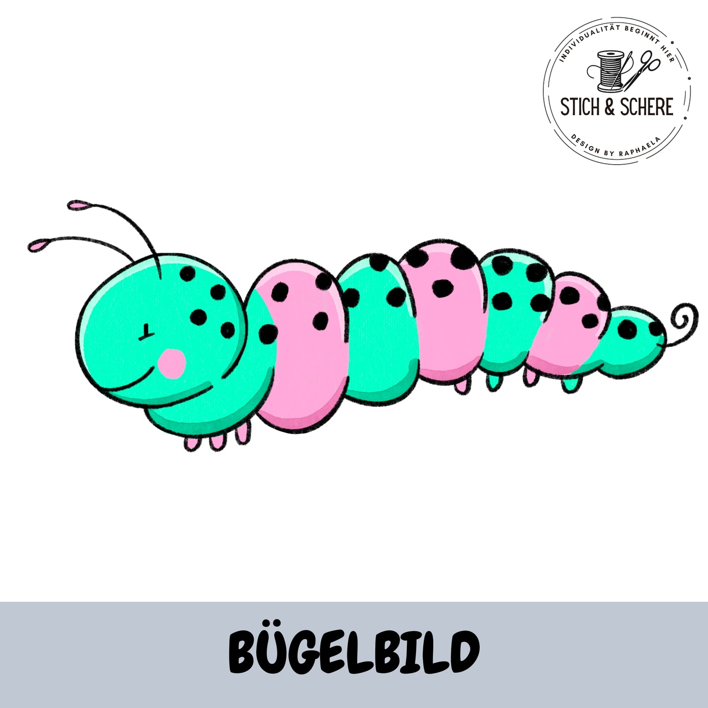 Bügelbild Wiesenkrabbler Raupe – niedliche Raupe als DTF Transfer passend zum Stoffdesign Wiesenkrabbler von Katzengold-Designs.