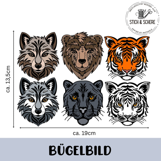 „Freigestelltes Bügelbild-Set ‚Wildlife‘ (ca. 19×13,5 cm): sechs frontal gezeichnete Tierköpfe – brauner Wolf, Braunbär, orangefarbener Tiger, grauer Wolf, dunkler Panther und weißer Tiger – in zwei Reihen zu je drei.“