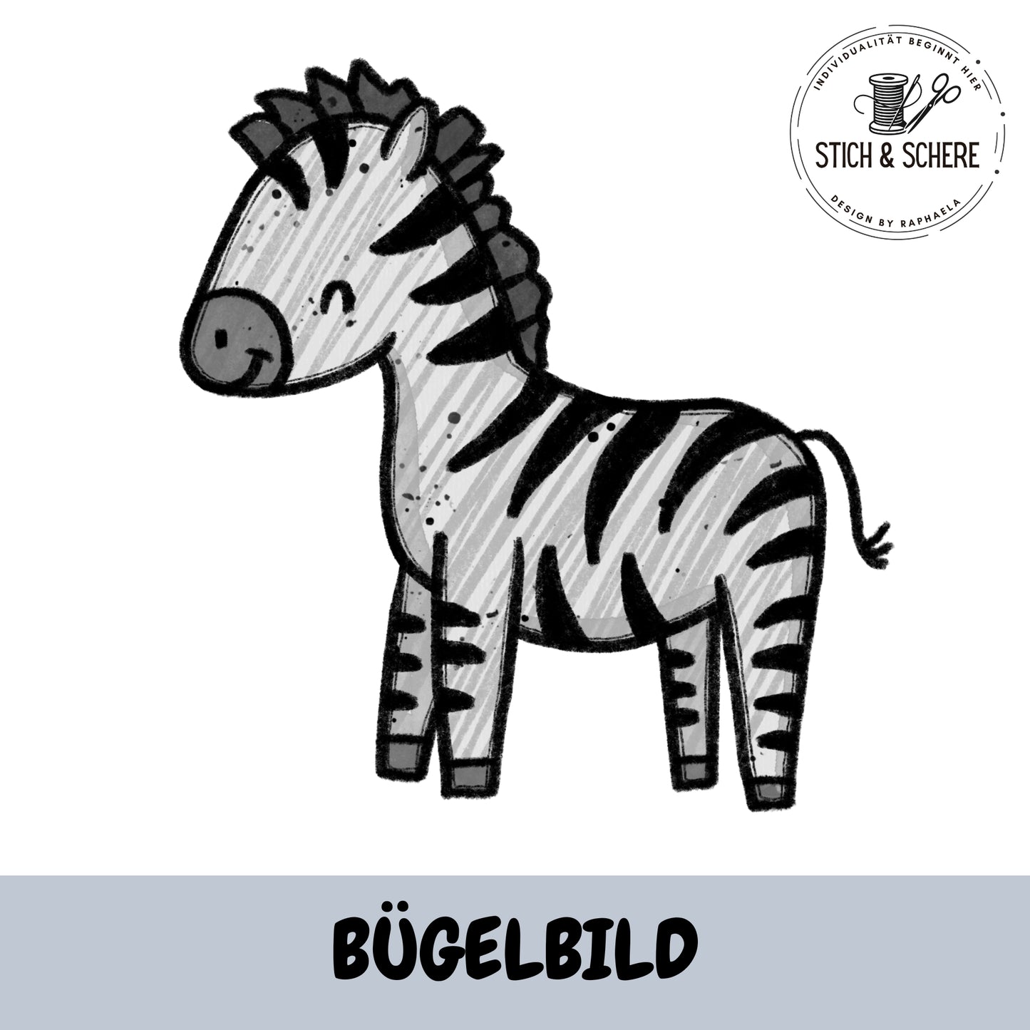 Bügelbild Wildtopia Zebra – handgezeichnetes Zebra als DTF Transfer von Katzengold-Designs für Kinderkleidung.
