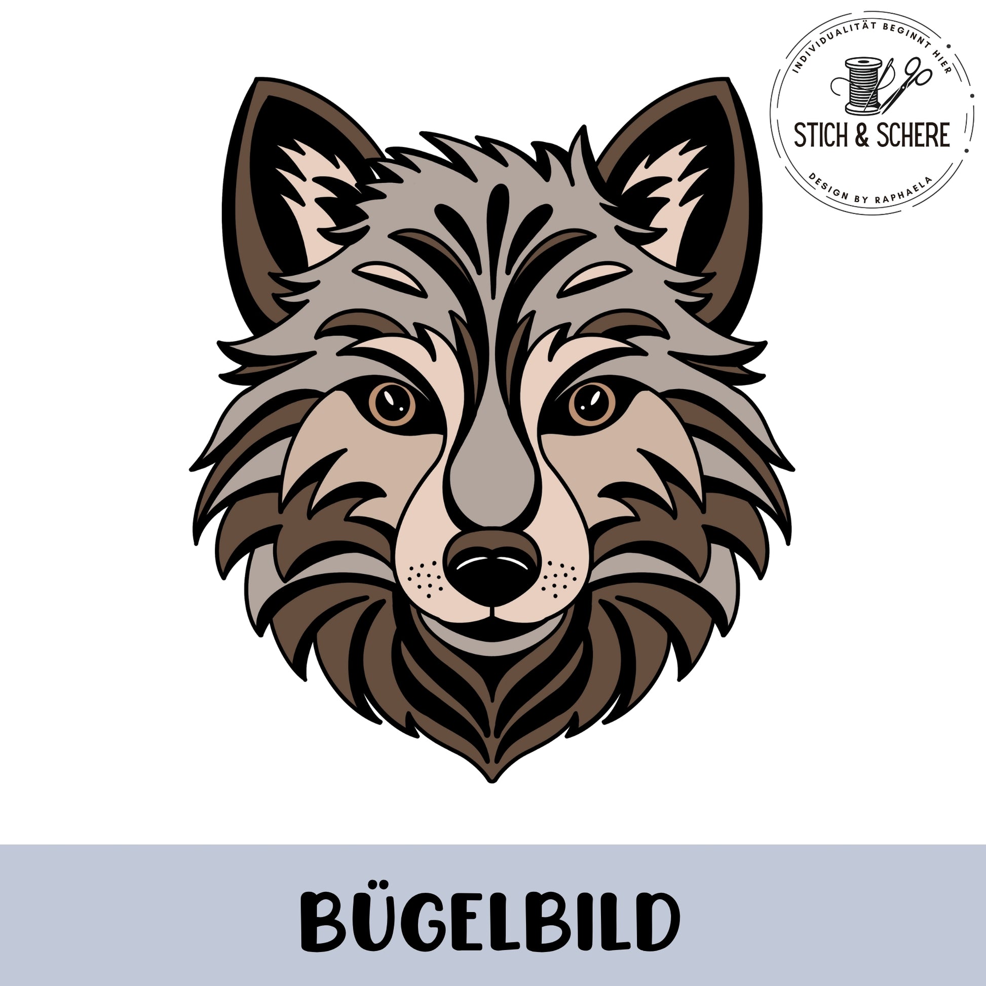 „Freigestelltes Bügelbild: frontal gezeichneter Wolfskopf in Braun- und Grautönen mit detaillierter Fellstruktur und klaren Konturen.“