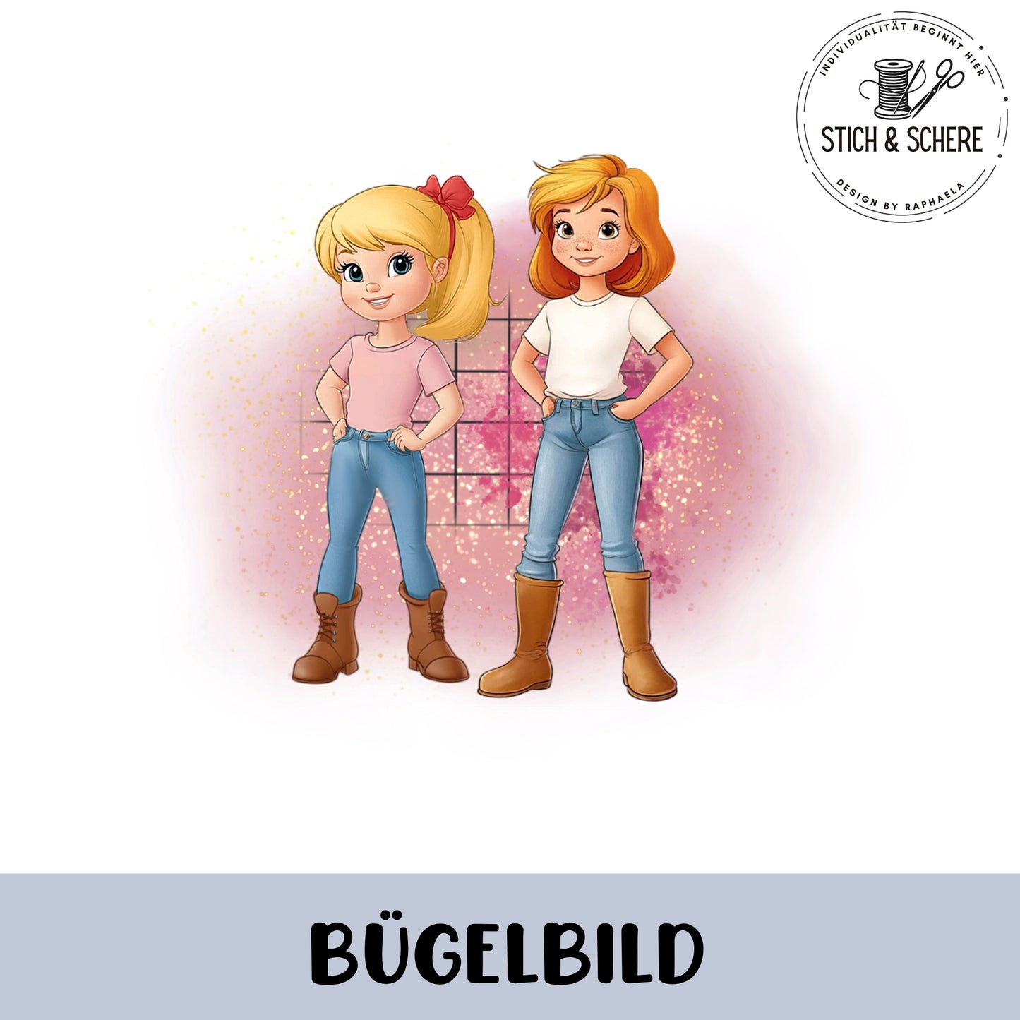Bügelbild mit zwei selbstbewussten Mädchen im Reiter-Look mit Jeans und Boots in sanften Farben.