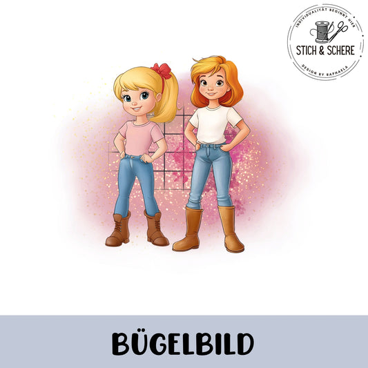 Bügelbild mit zwei selbstbewussten Mädchen im Reiter-Look mit Jeans und Boots in sanften Farben.