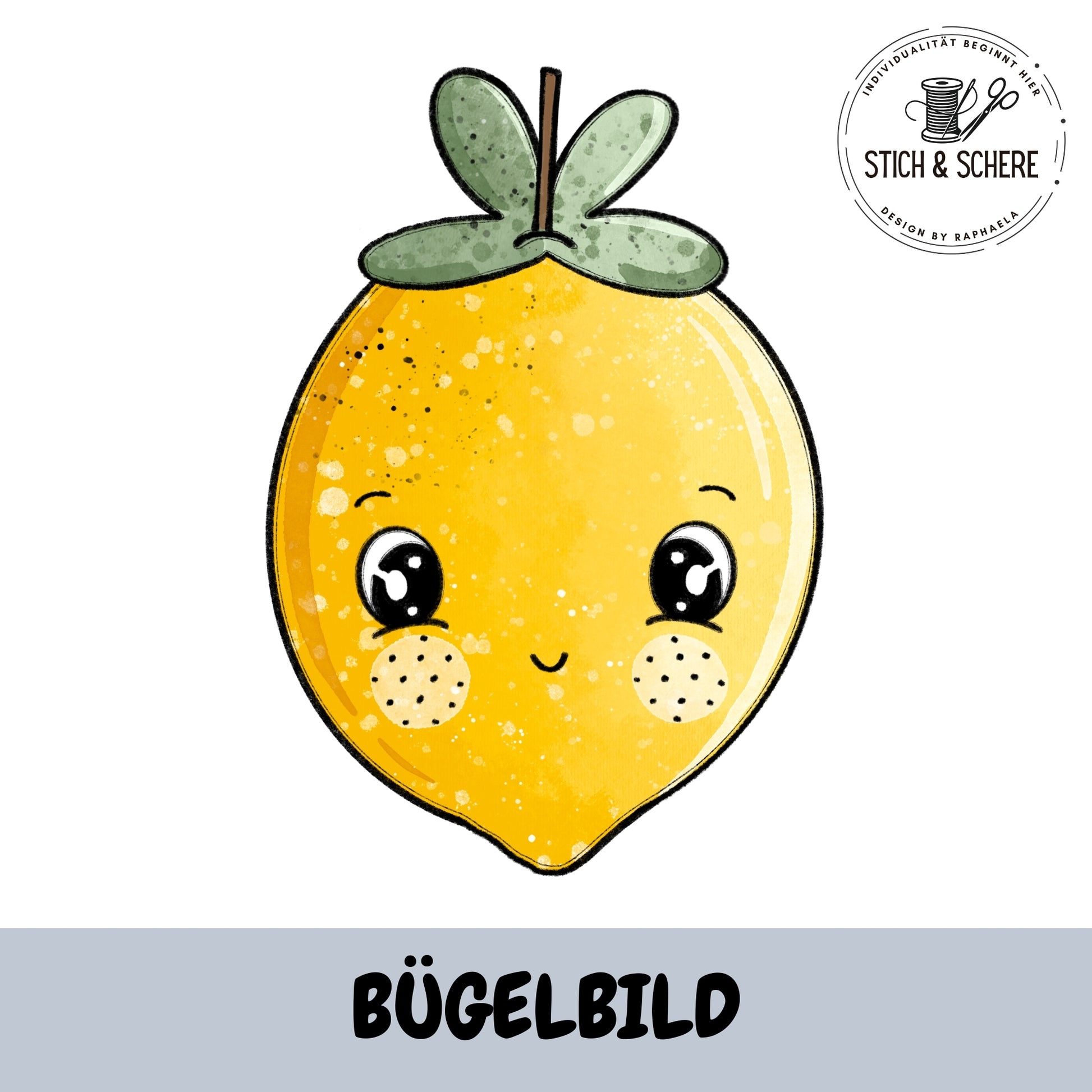 Ganze Zitrone mit Blättern und Gesicht – Bügelbild Zitrönchen von Katzengold-Designs