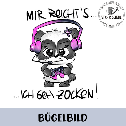 Stylisches Aufbügler-Motiv „Zockerpandi“ mit Headset, Controller & Gamer-Spruch.